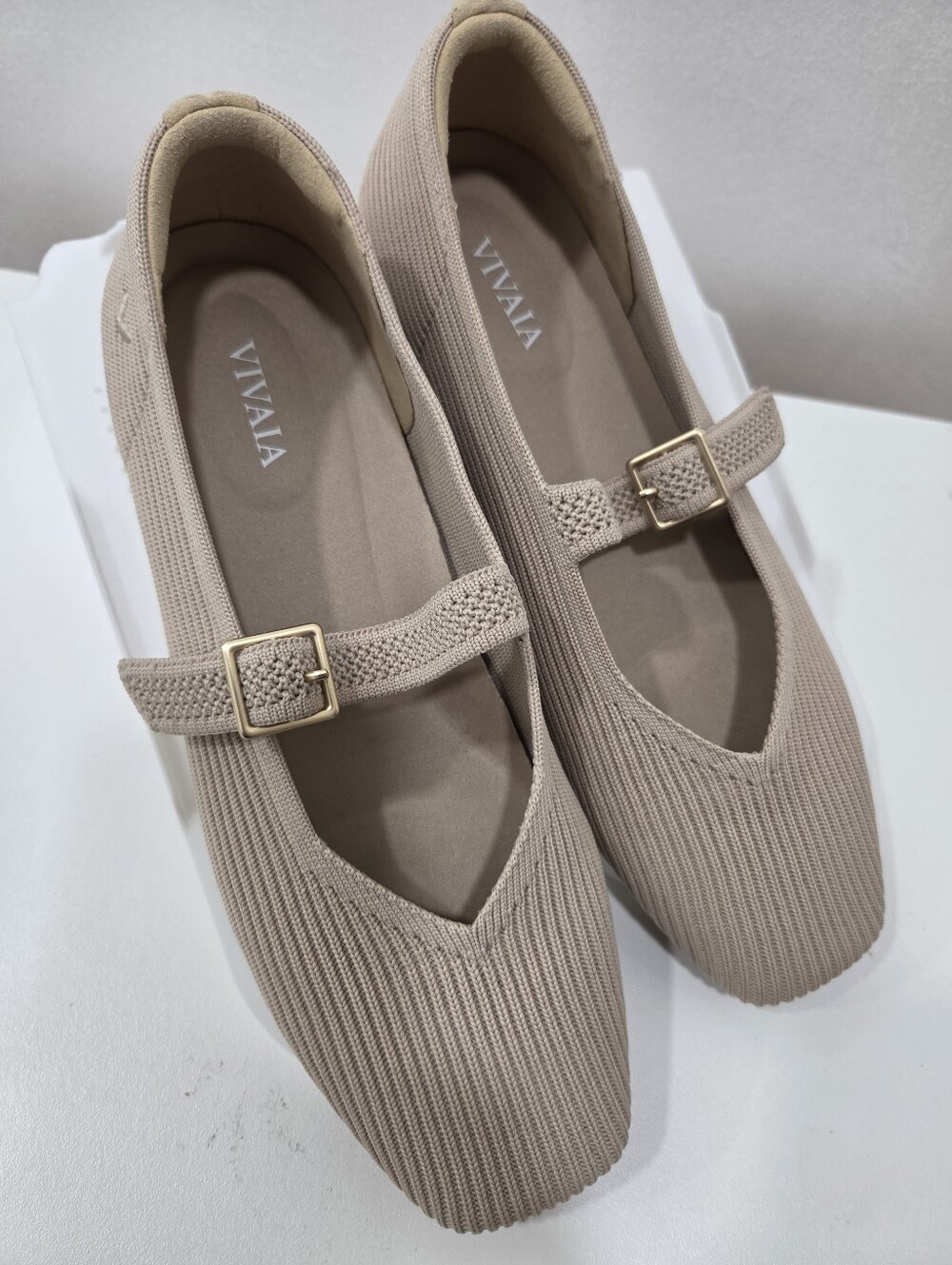 VIVAIA Cream Ribbed Mary Janes Square Toe Knit Ballet Flats Coquette Preppy 6.5